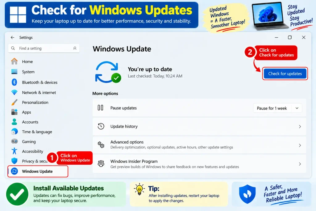 Checking for Windows updates to improve laptop performance