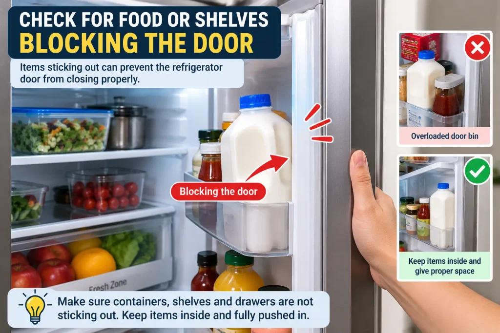 Checking for food containers blocking a refrigerator door from closing