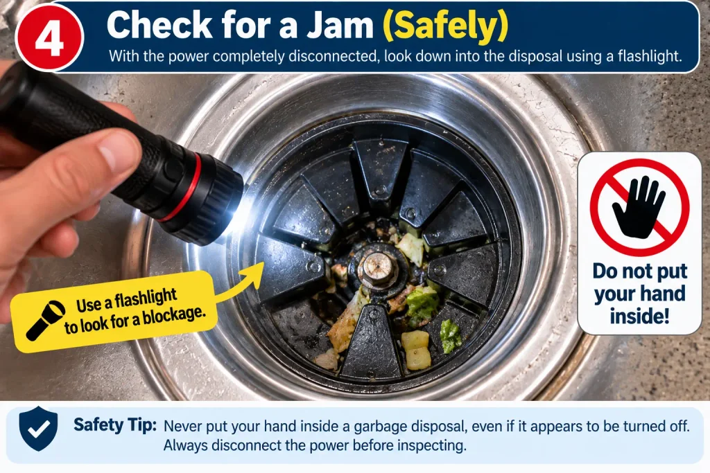 Checking inside a garbage disposal with a flashlight for a jam