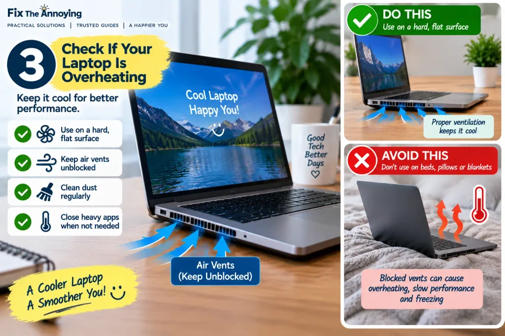 Checking laptop ventilation to prevent overheating and freezing