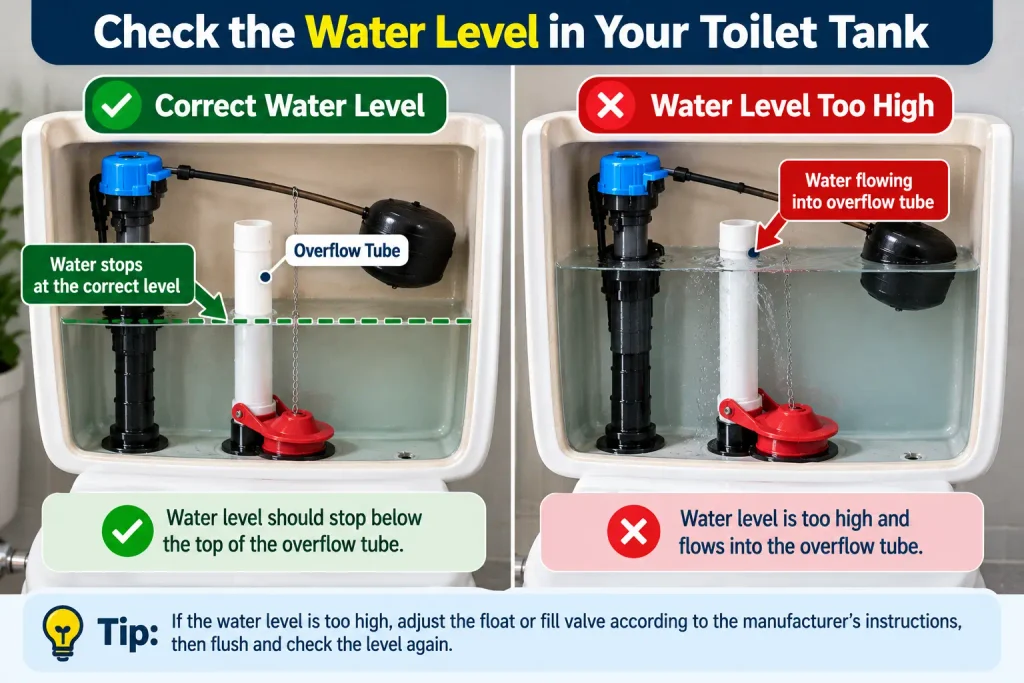 Checking the water level in a toilet tank and overflow tube