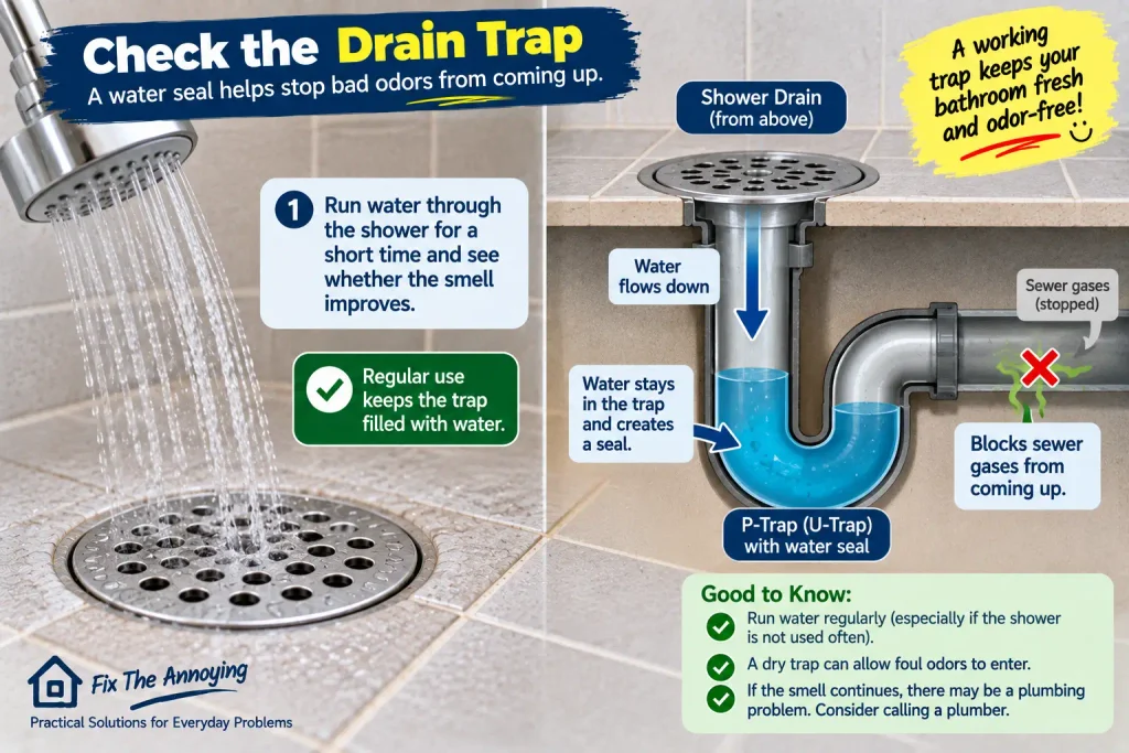 Checking the water seal in a shower drain trap to prevent bad odors