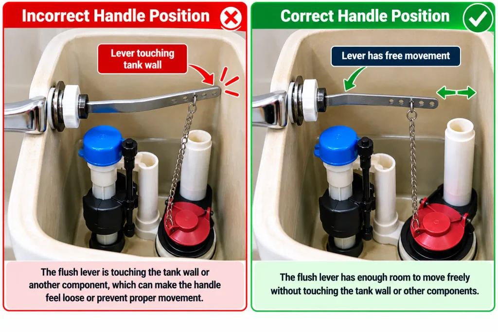 Checking toilet flush handle and lever position inside the tank