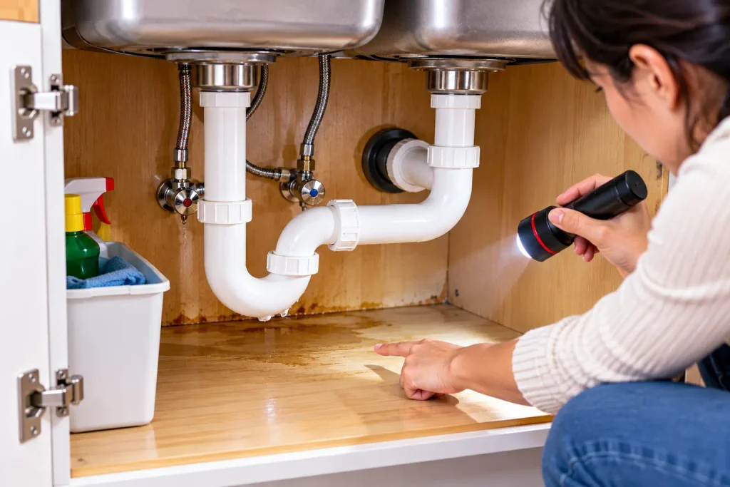 Checking under a kitchen sink for plumbing leaks and water damage