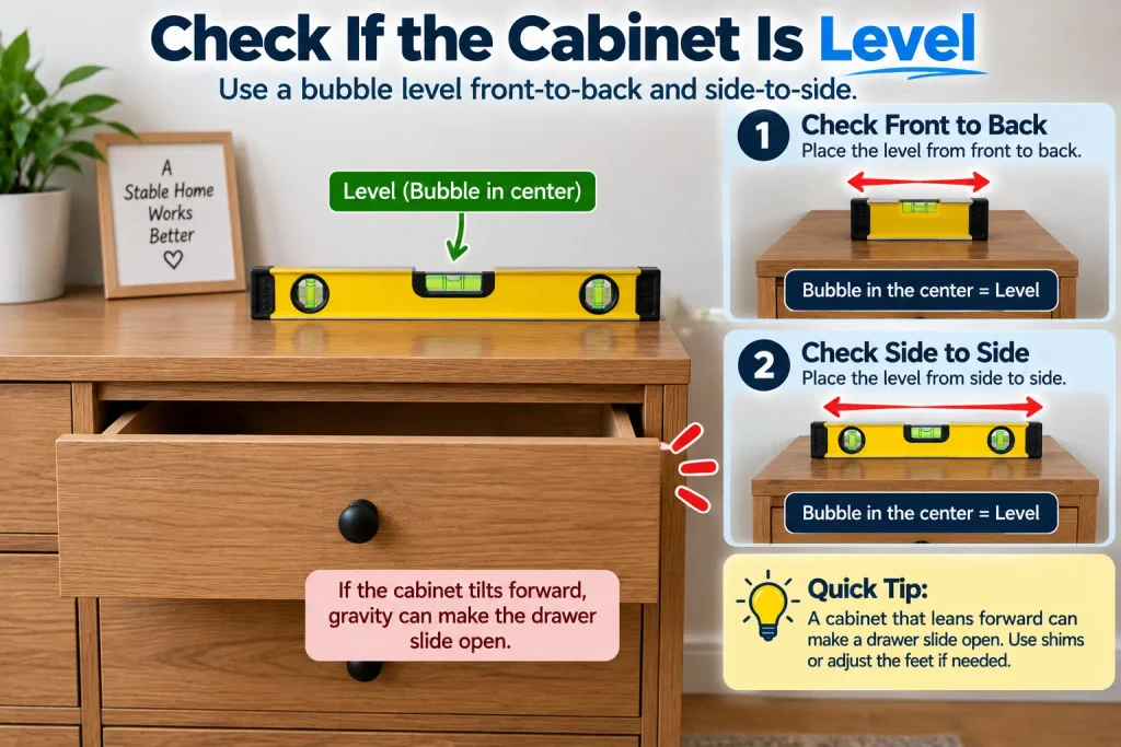 Checking whether a cabinet is level with a bubble level