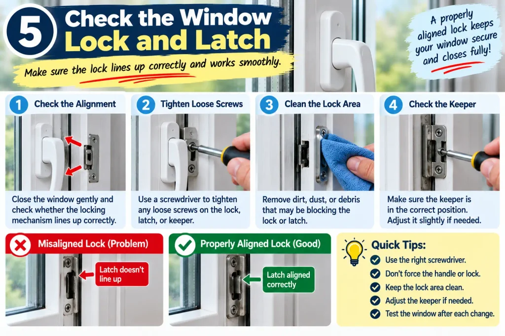 Checking window lock and latch alignment when a window will not close properly