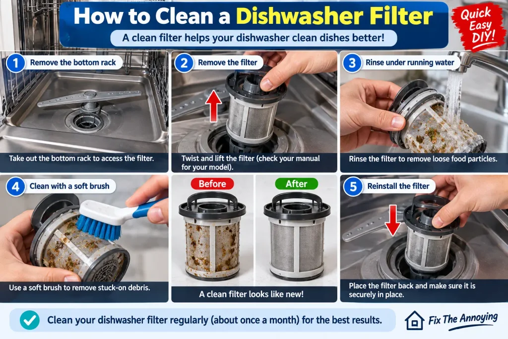 Cleaning a dirty dishwasher filter to improve dishwashing performance