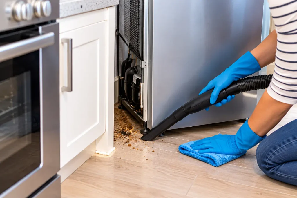 Cleaning behind kitchen appliances to remove food debris and cockroach hiding areas