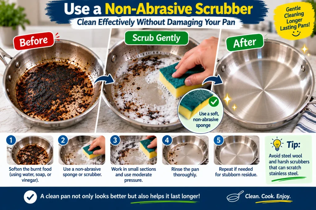 Cleaning burnt residue from a stainless steel pan with a non-abrasive scrubber