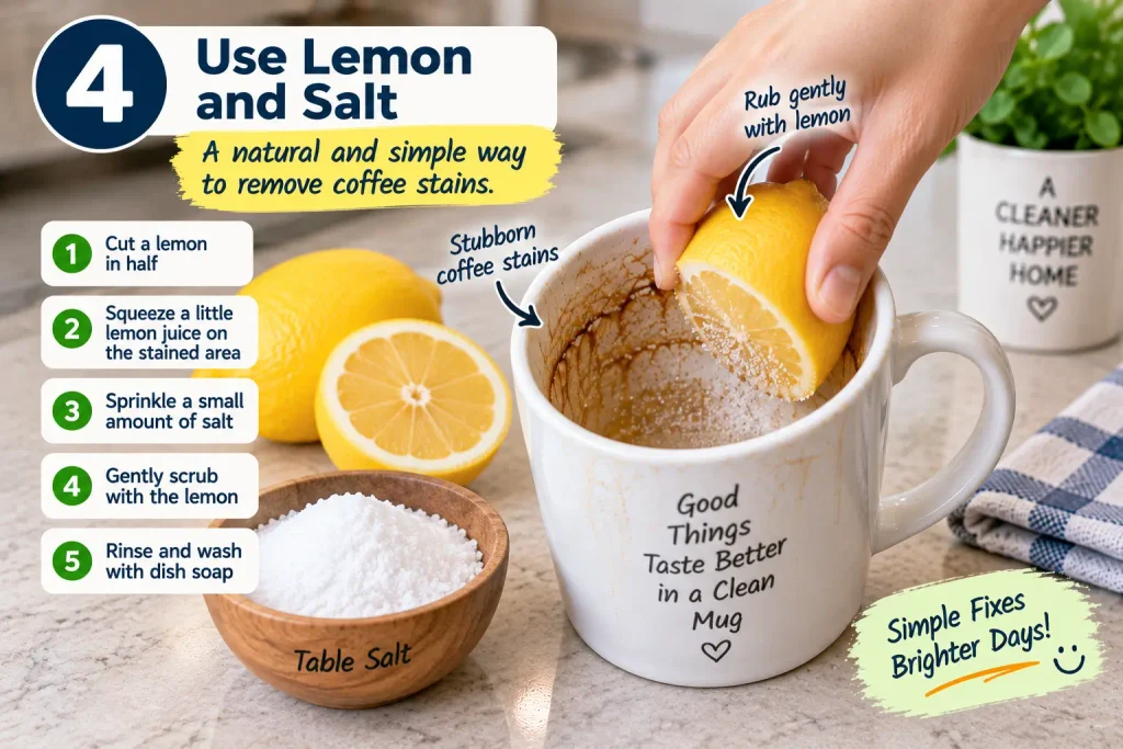 Cleaning coffee stains from a mug with lemon and salt