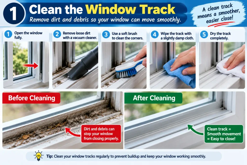 Cleaning dirt and debris from a window track to help it close properly