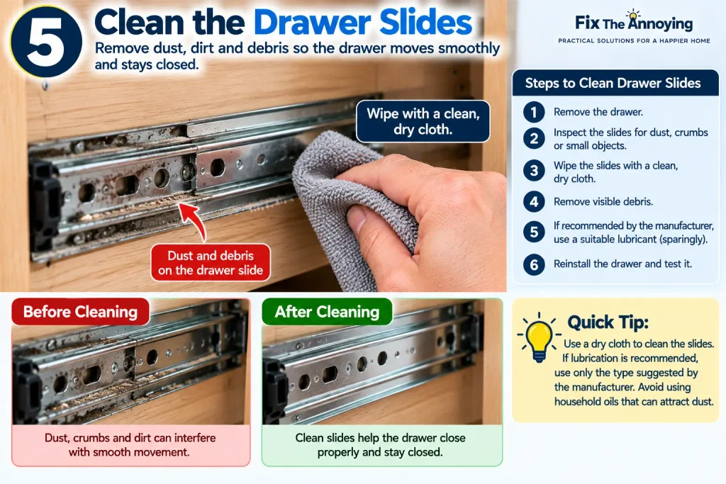 Cleaning dust and debris from drawer slides