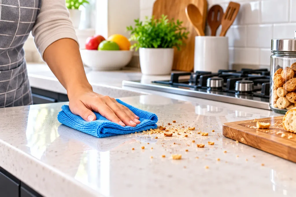 Cleaning kitchen crumbs and food spills to prevent cockroaches