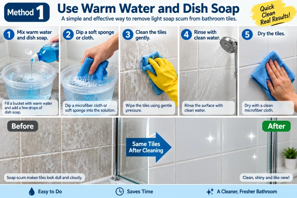 Cleaning soap scum from bathroom tiles with warm water and dish soap