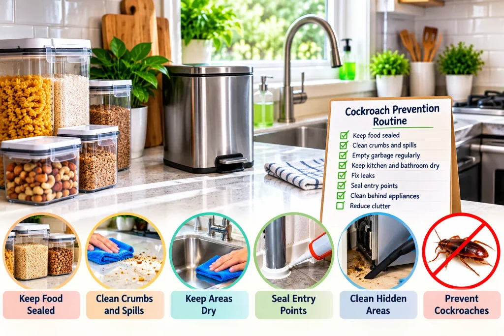 Cockroach prevention routine with clean kitchen sealed food and sealed entry points