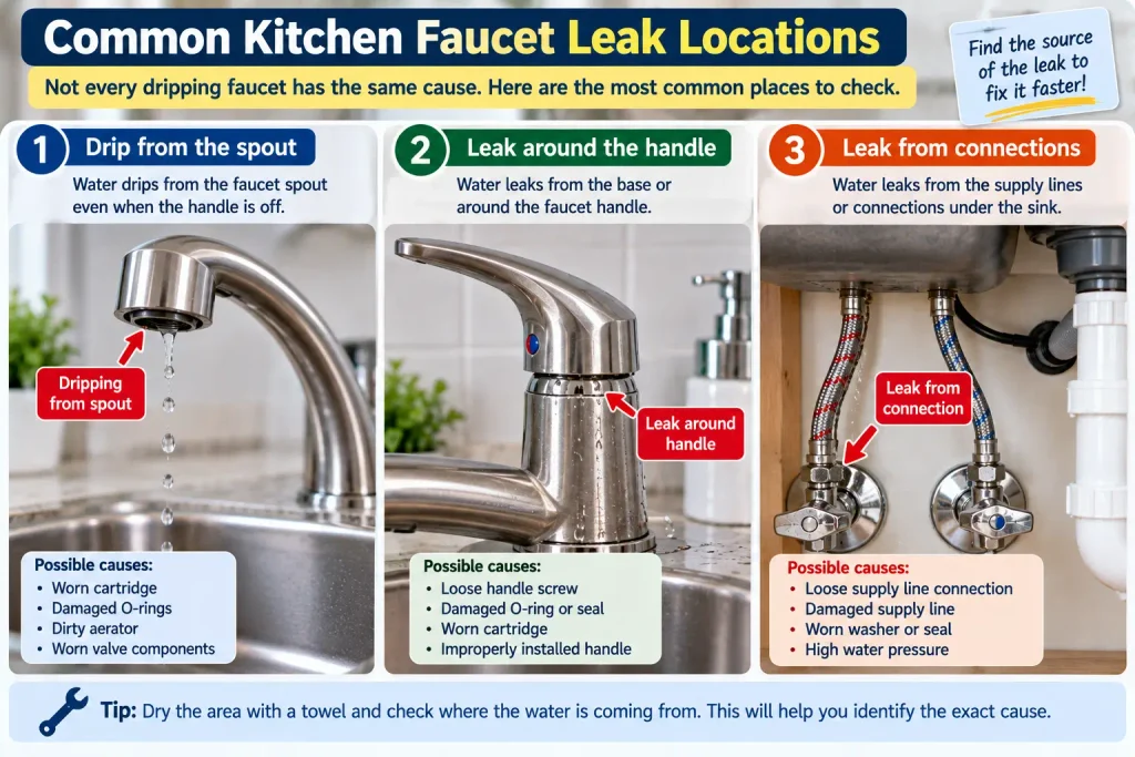 Common kitchen faucet leak locations including spout handle and connections