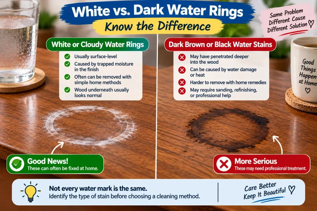 Comparison of white and dark water stains on wood furniture