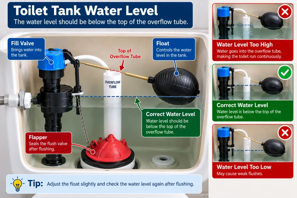 Correct toilet tank water level below the overflow tube
