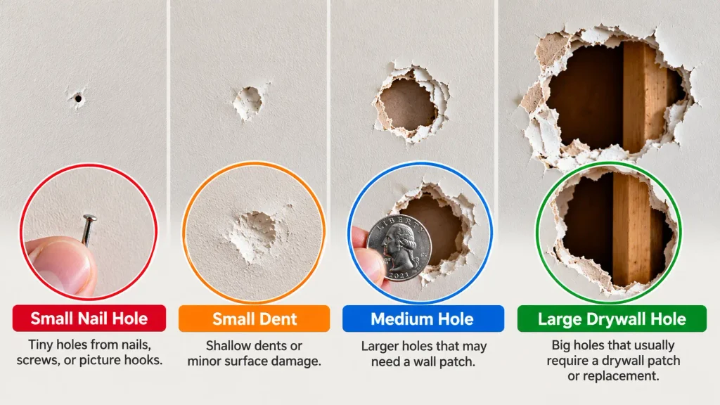 Different types of wall holes including nail hole dent medium hole and large drywall damage