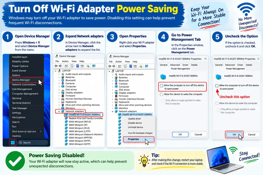 Disabling Wi-Fi adapter power saving in Windows Device Manager