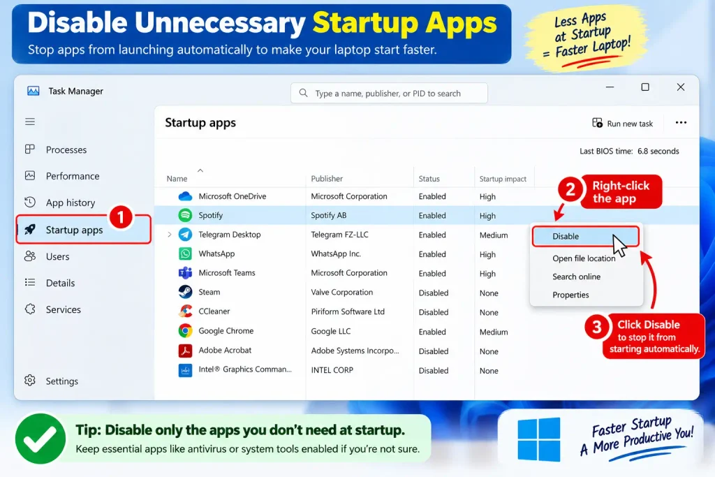 Disabling unnecessary startup apps in Windows Task Manager