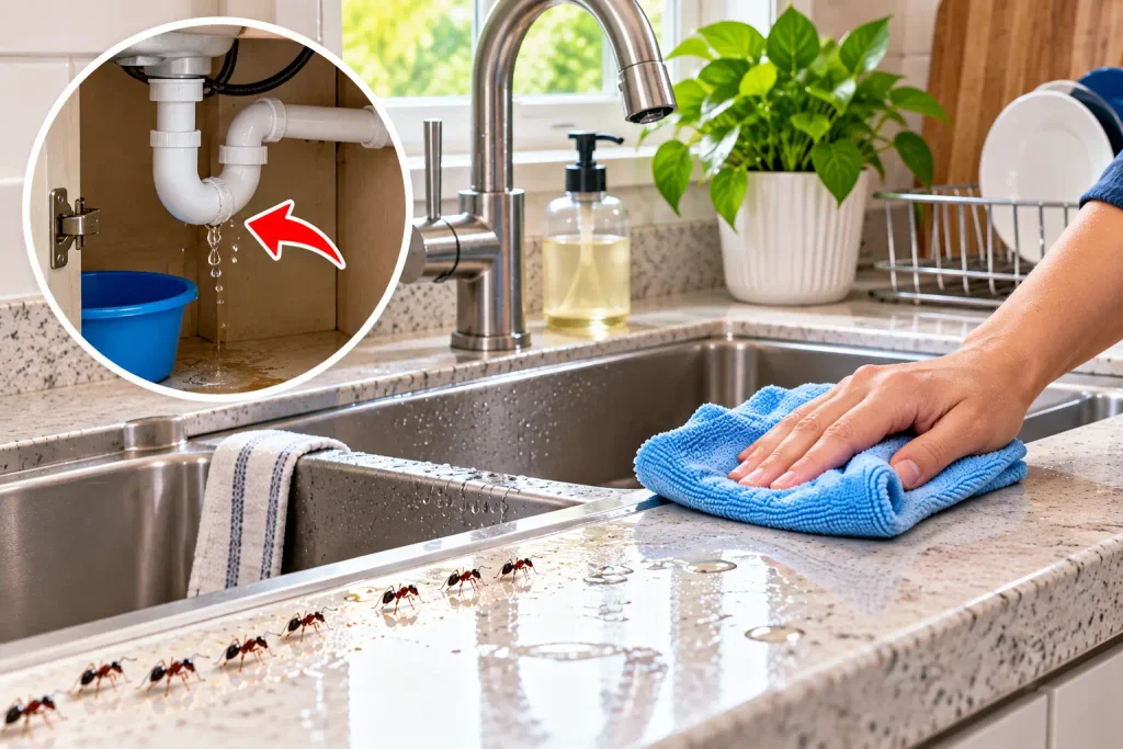 Drying a kitchen sink and countertop to reduce moisture that attracts a