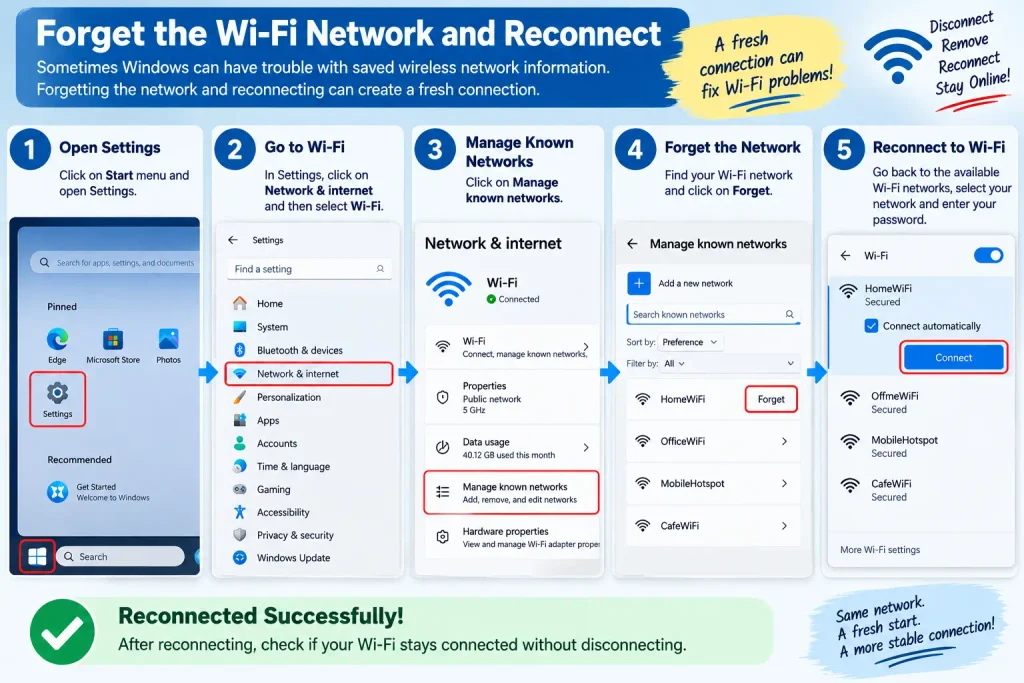 Forgetting a Wi-Fi network in Windows and reconnecting to it