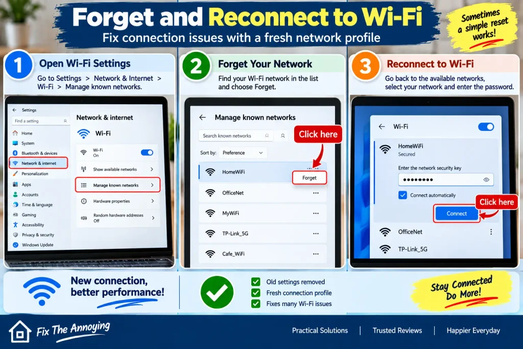 Forgetting and reconnecting to a Wi-Fi network in Windows