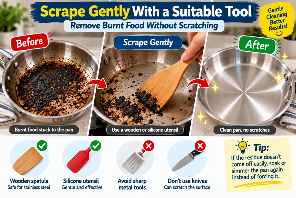 Gently scraping softened burnt food from a stainless steel pan with a wooden spatula