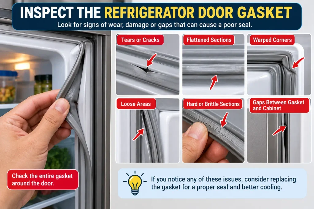 Inspecting a damaged refrigerator door gasket for cracks and gaps
