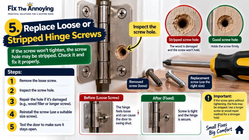 Inspecting a stripped door hinge screw hole before repair