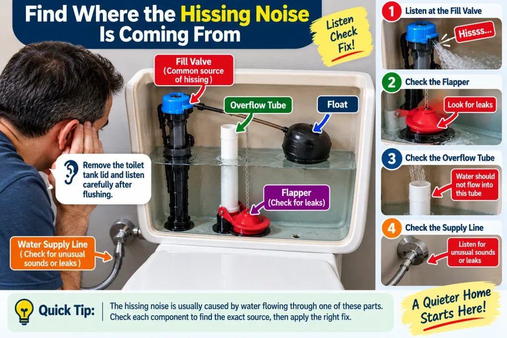 Inspecting a toilet tank to find the source of a hissing noise