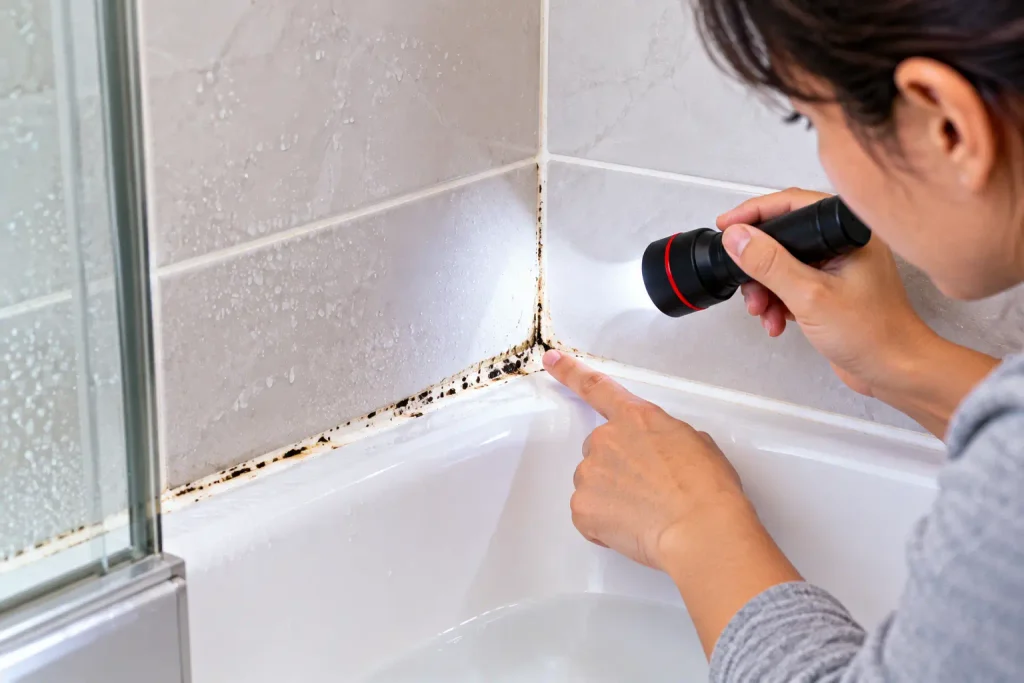 Inspecting bathroom caulk and damp areas for mold during monthly maintenance