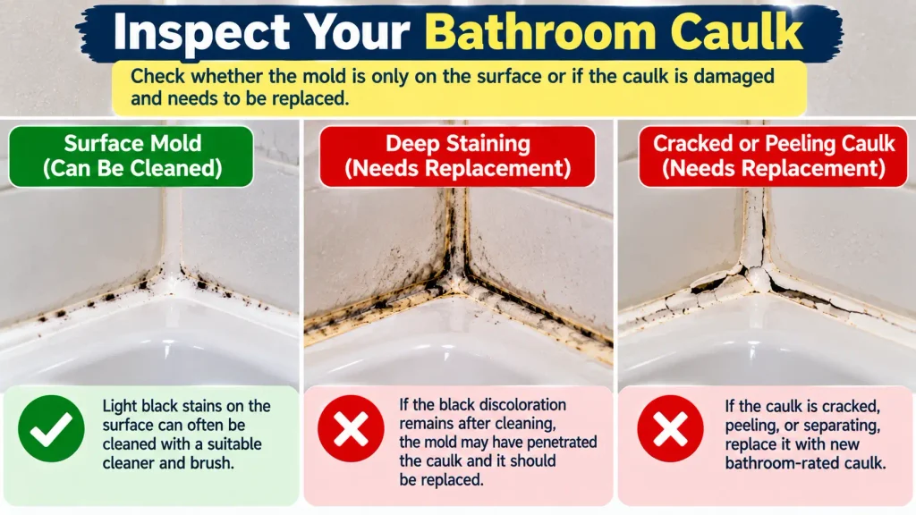 Inspecting bathroom caulk for surface mold stains and damage