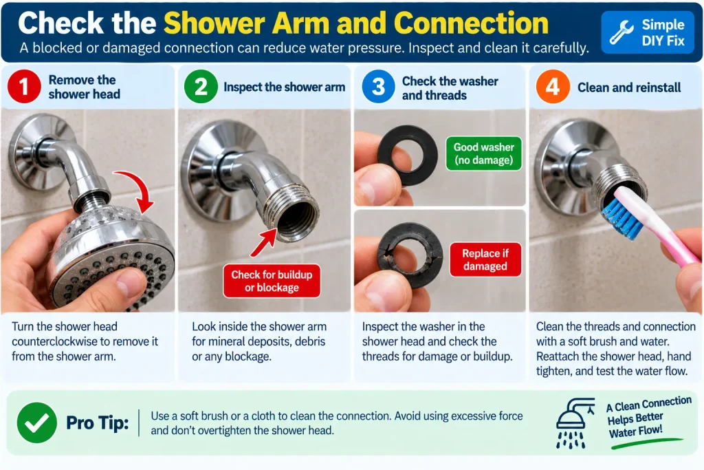 Inspecting the shower head connection and shower arm for blockage