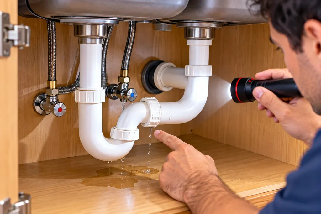 Inspecting under-sink plumbing for leaks during monthly home maintenance