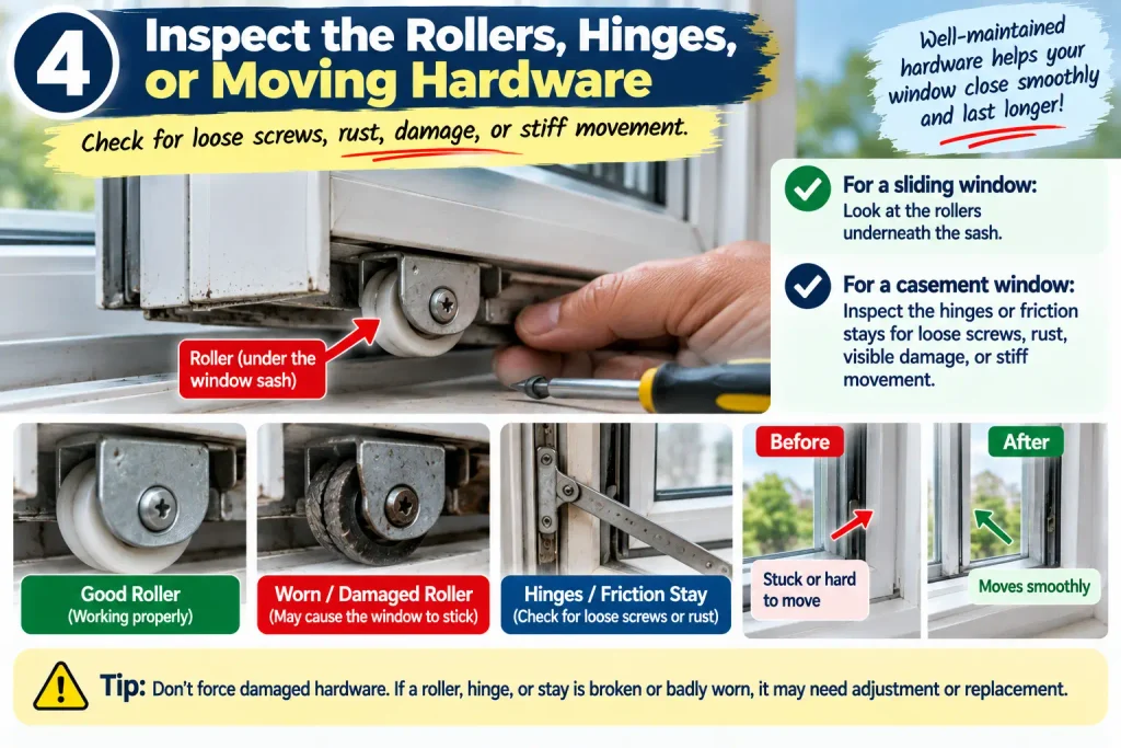 Inspecting window rollers for damage when a sliding window will not close