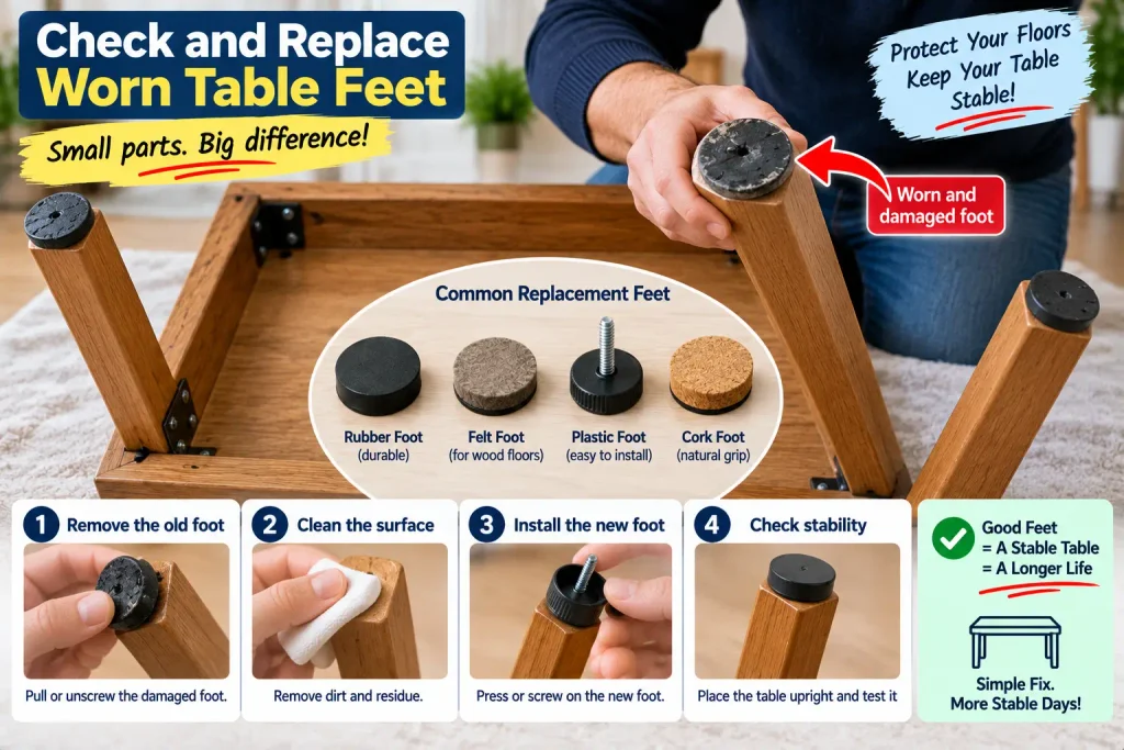 Inspecting worn table feet to fix a wobbly table