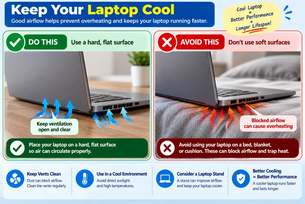 Keeping laptop ventilation openings clear to prevent overheating