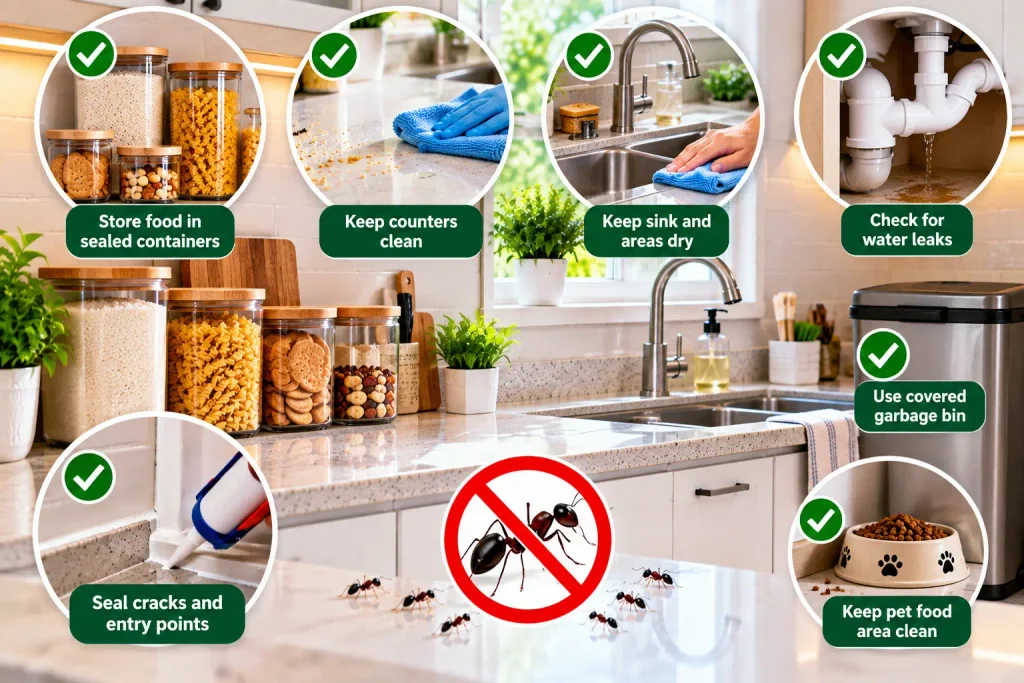 Kitchen ant prevention with sealed food containers clean counters and dry sink