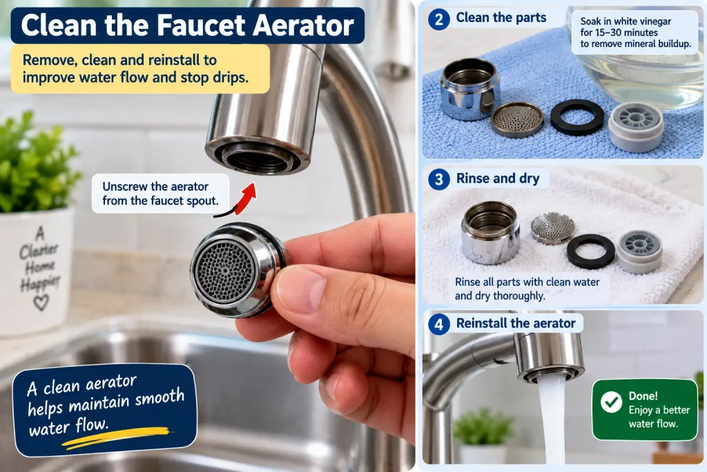 Kitchen faucet aerator removed for cleaning