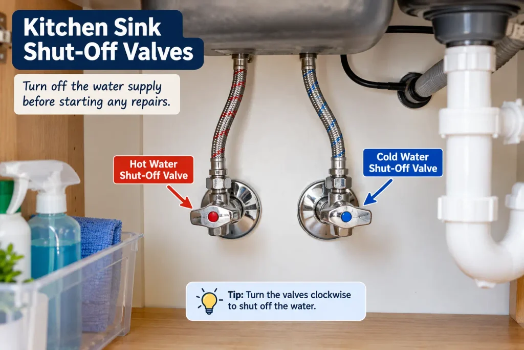 Kitchen sink hot and cold water supply shut-off valves