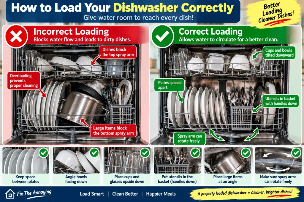 Loading dishwasher dishes correctly without blocking the spray arms