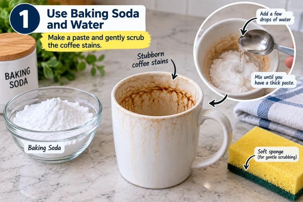 Making a baking soda paste to remove coffee stains from a mug