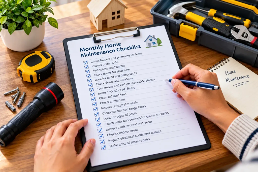 Monthly home maintenance checklist with tools and completed inspection tasks