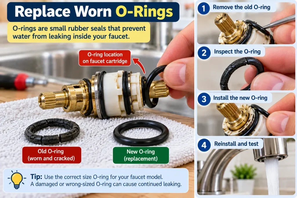 New and worn O-rings used in a kitchen faucet repair