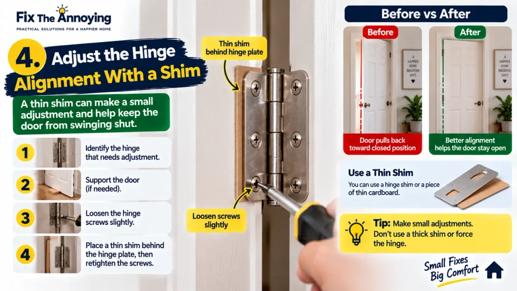 Placing a thin shim behind a door hinge to correct alignment