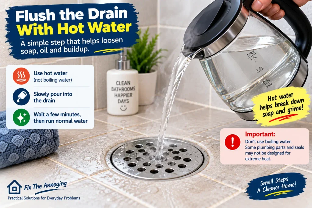 Pouring hot water into a shower drain to loosen residue
