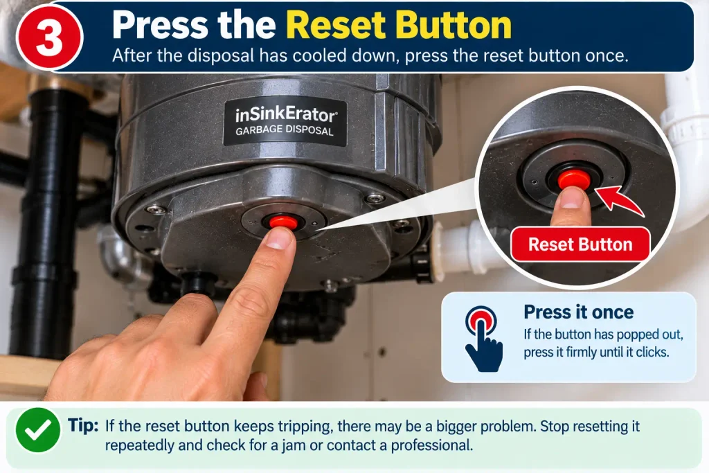 Pressing the reset button underneath a garbage disposal