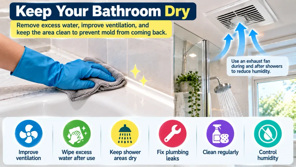 Preventing black mold on bathroom caulk by reducing moisture